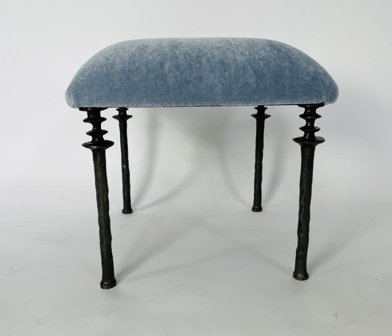 Bourgeois Boheme Atelier Pair of Stools, Blue Mohair Fabric
