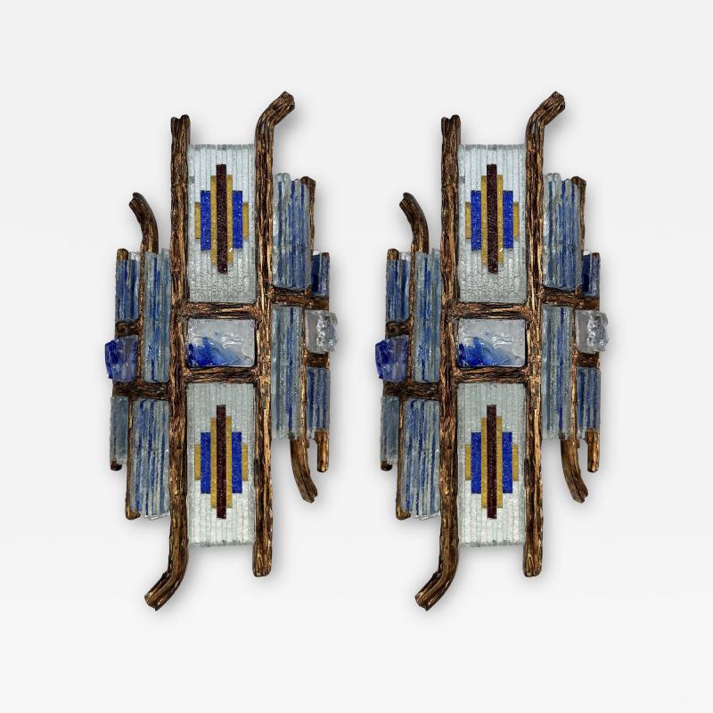  Longobard Pair of Hammered Glass Wrought Iron Sconces by Longobard Italy 1970s