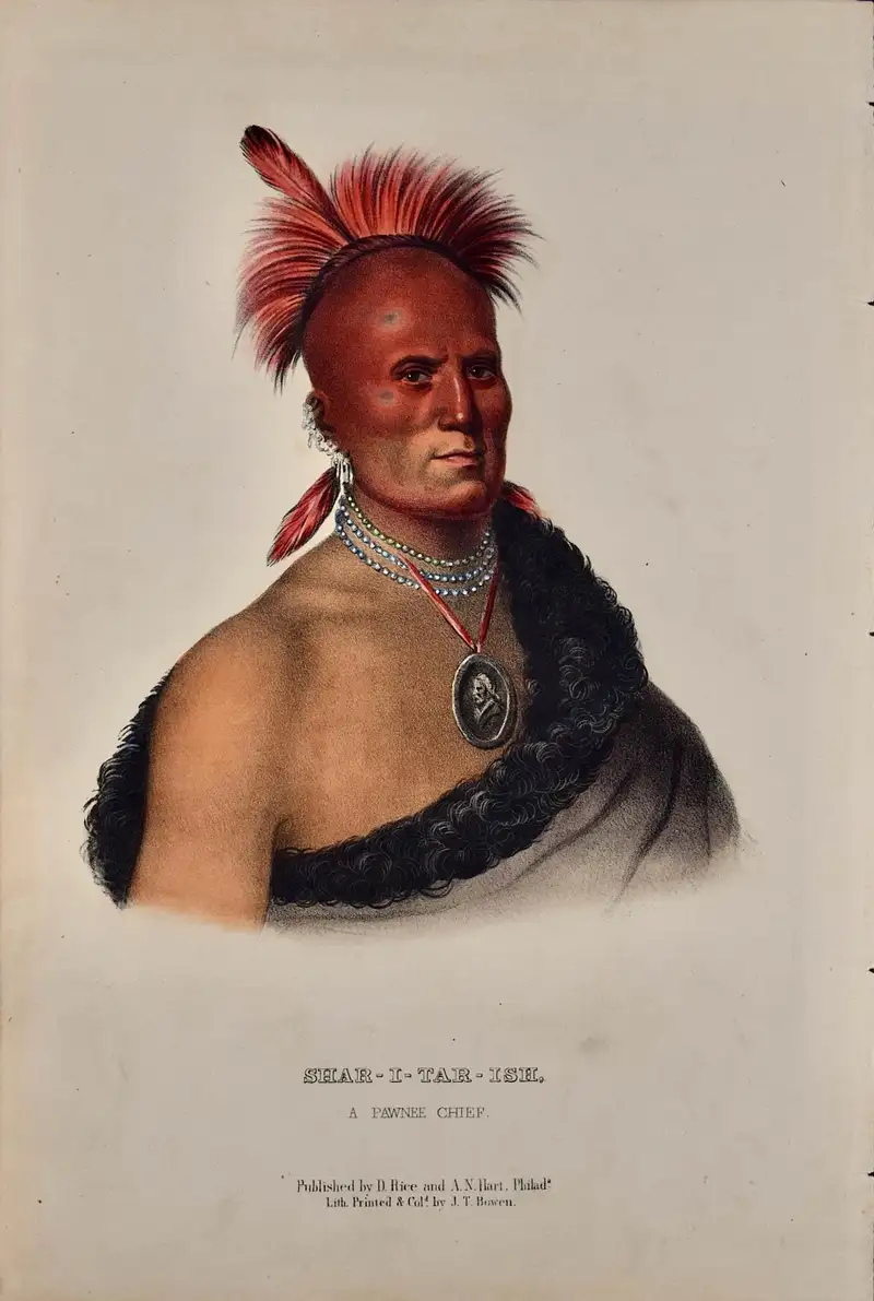  McKenney Hall Shar I Tar Ish A Pawnee Chief Original Hand colored McKenney Hall Lithograph