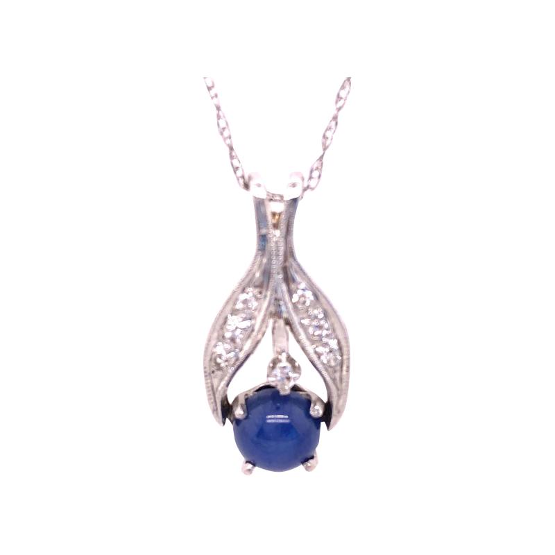 14 Karat White Gold Necklace with Cabochon Sapphire and Diamond Pendant