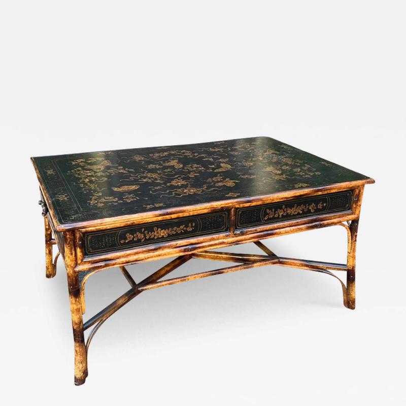 19th C Style Black Gold Chinoiserie Bamboo Coffee Cocktail Table