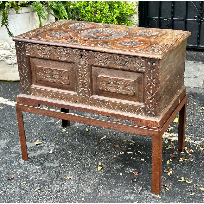 Antique Spanish Colonial Chest or Trunk on Custom Iron Stand