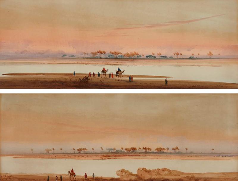 Augustus Osborne Lamplough Pair of Orientalist watercolour paintings of desert landscapes by A Lamplough