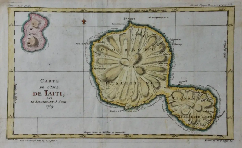 Captain Cooks Exploration of Tahiti 18th C Hand colored Map by Bellin