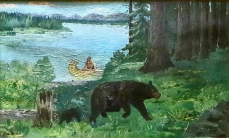 Early Canadian Landscape Indian and Bear Folk Art Oil On Panel Painting
