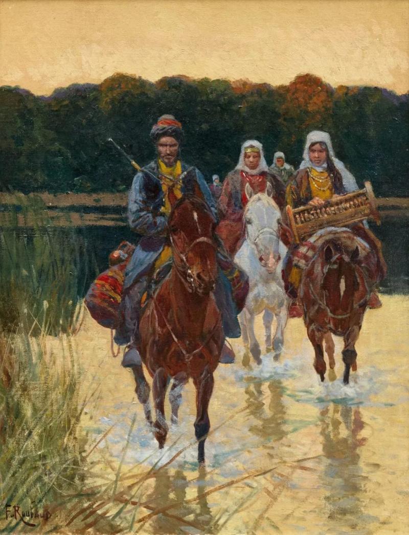 Franz Roubaud 1856 1928 Caucasiens Traversant Une Riviere Munich