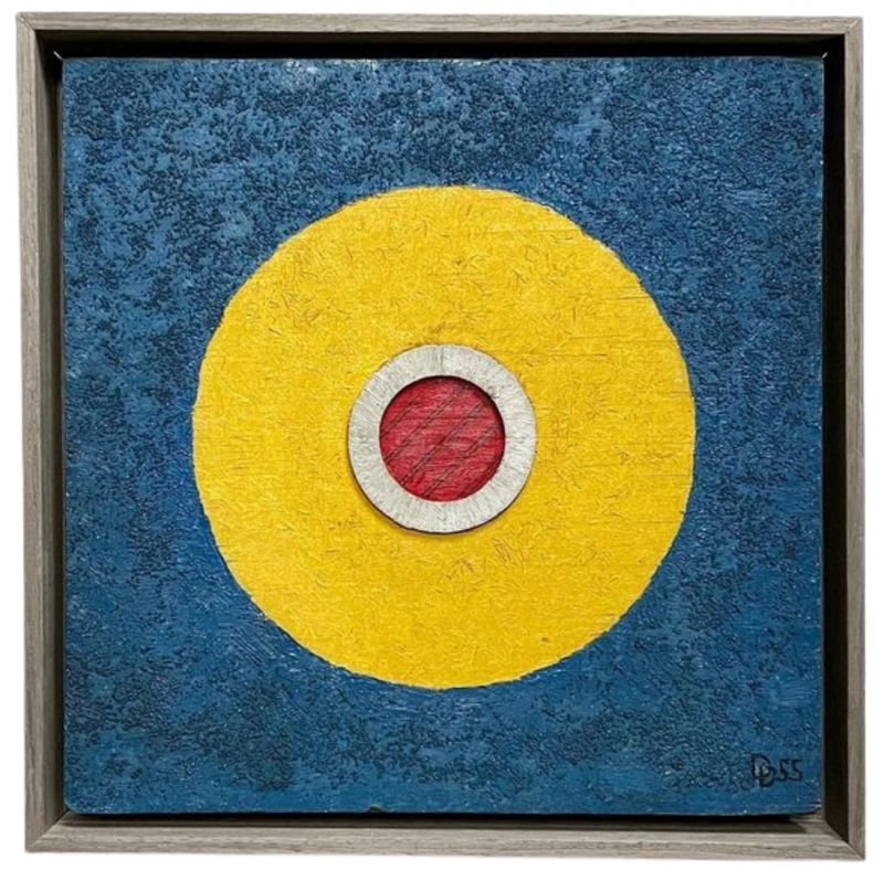 Geometric Abstract Target signed DeLenk, 1956 oil on wood panel