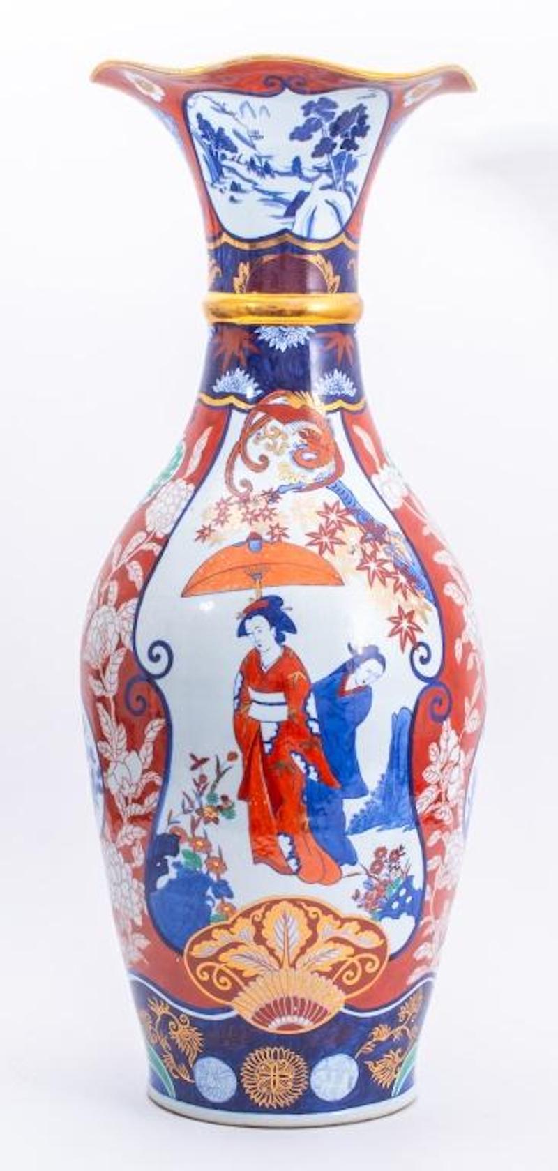 Large Japanese Imari Porcelain Trumpet Neck Floor Vase