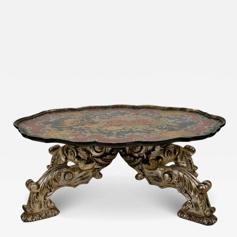 Over the Top Rococo Style Silver Giltwood Lacquer Tray Top Coffee Table