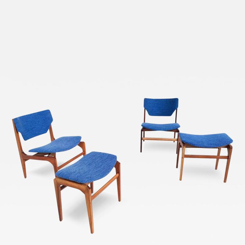 Pair of Blue Mid Century Modern Armchairs with Matching Ottomans