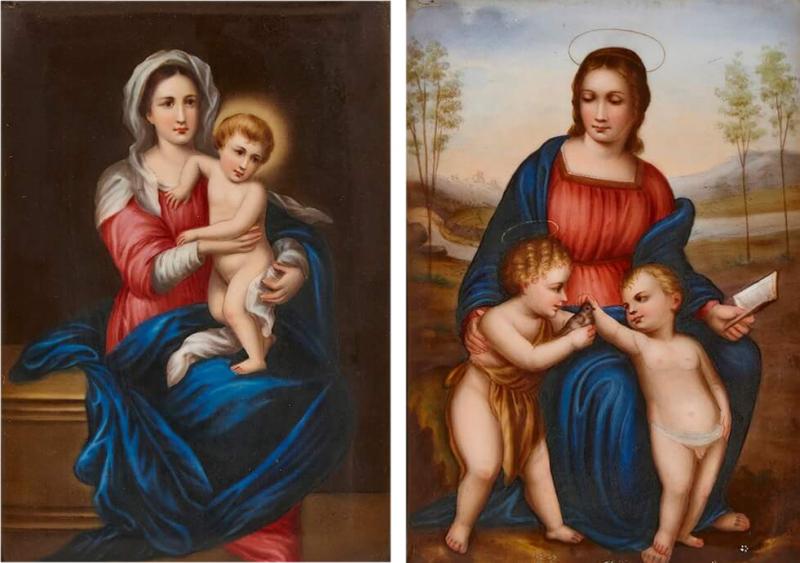 Pair of porcelain plaques in giltwood frames after Old Master Madonnas
