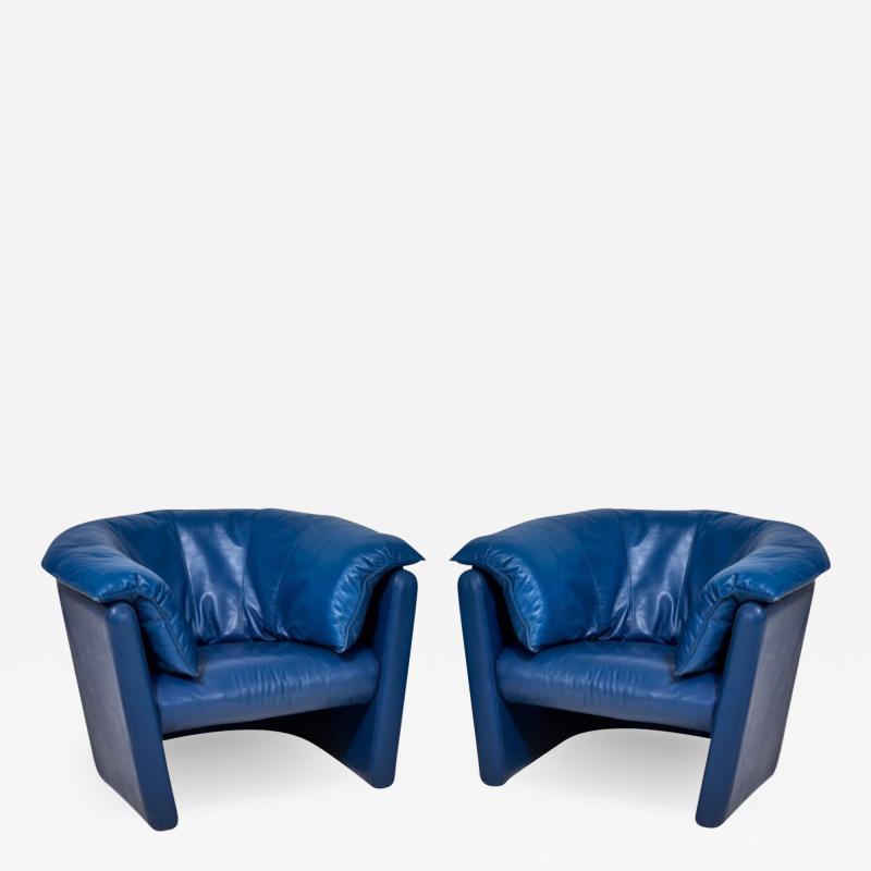 Post Modern Blue Leather Barrel Lounge Chairs 1980