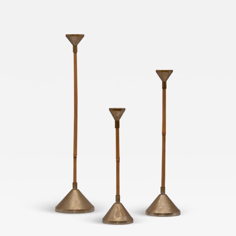 Set of three Bamboo and Brass Candlesticks