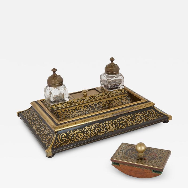 Victorian era inkstand with Boulle marquetry in ebonised wood and brass