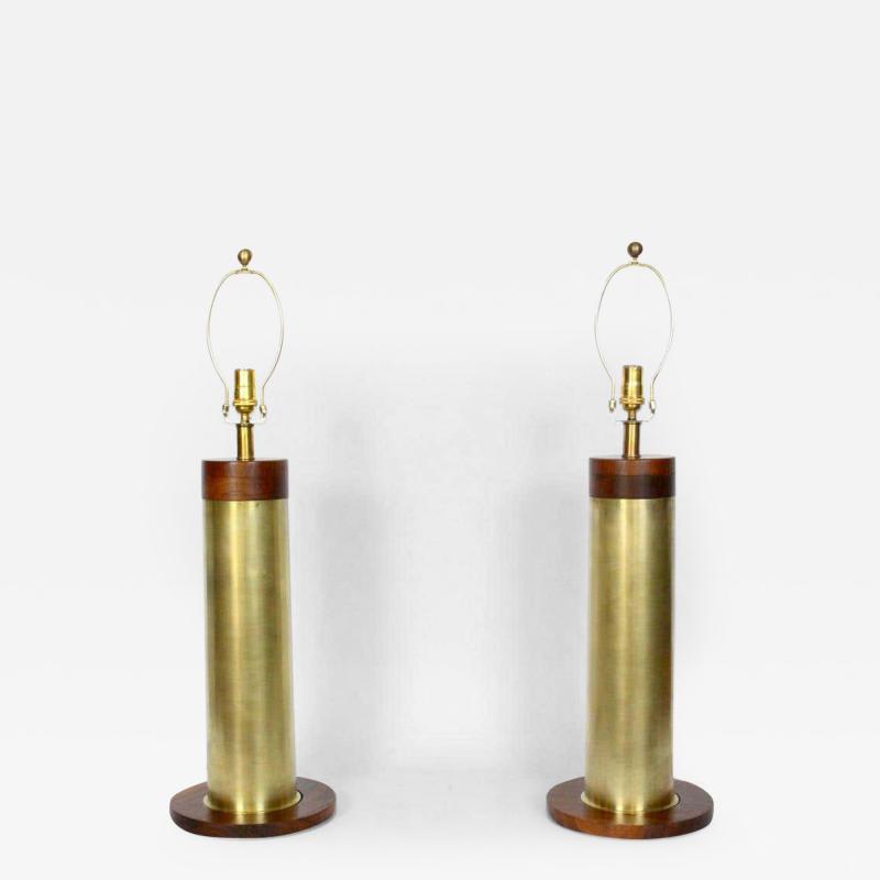 Walter Von Nessen Substantial Pair Walter Von Nessen Style Brass Walnut Trench Art Table Lamps