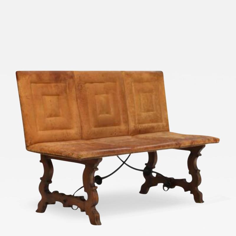 c1900 Spanish mahogany leather 53 bench
