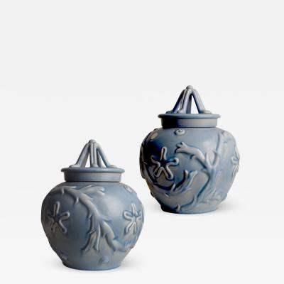  Bo Fajans Pair of Lidded Vases with Marine Life Theme by Bo Fajans