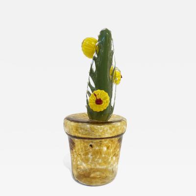  Fornace Mian 2000s Italian Green Murano Glass Cactus Plant with Yellow Flowers in Gold Pot