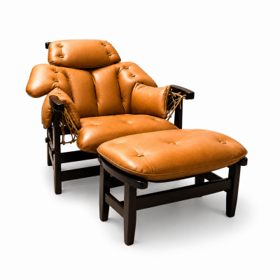  Jangada Lounge Chair Ottoman in Wood Leather by Jean Gillon 1970s