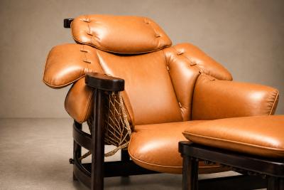  Jangada Lounge Chair Ottoman in Wood Leather by Jean Gillon 1970s
