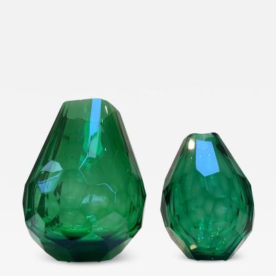  SimoEng Impressive and rare italian green cristal handmade cut vases