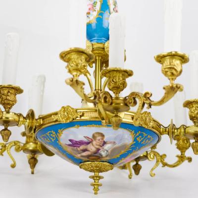 15 Light Gilt Bronze And Painted Porcelain Chandelier In The Louis XVI Style