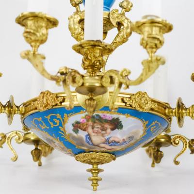 15 Light Gilt Bronze And Painted Porcelain Chandelier In The Louis XVI Style