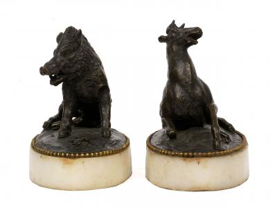19th Century Pair of Bronze Paperweights Il Porcellino Wounded Stag 