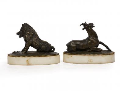 19th Century Pair of Bronze Paperweights Il Porcellino Wounded Stag 