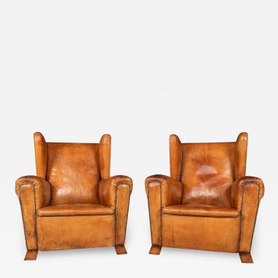 20th Century Pair Of Dutch Sheepskin Leather Wingback Chairs