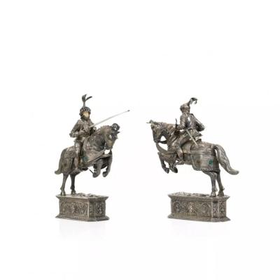 A Pair Of Silver Sculptures Knights On Horseback Hanau Germany