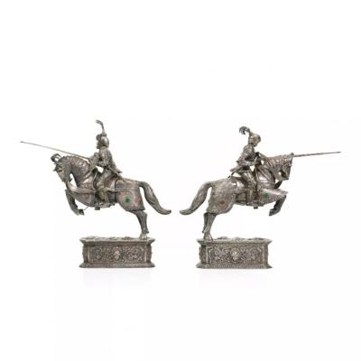 A Pair Of Silver Sculptures Knights On Horseback Hanau Germany