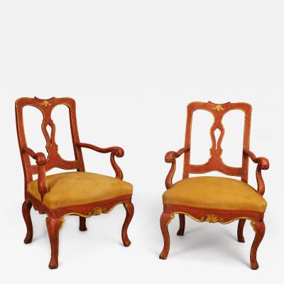 A Set of Three Red Lacquered Slat Back Chairs from the Veneto