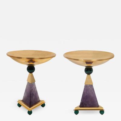 Alexandre Vossion PYRAMID AMETHYST CHALICES Pair of amethyst and 24K gold plated brass bowls