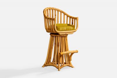 American Designer Counter Stools with Bamboo Rattan and Velvet USA 1970s