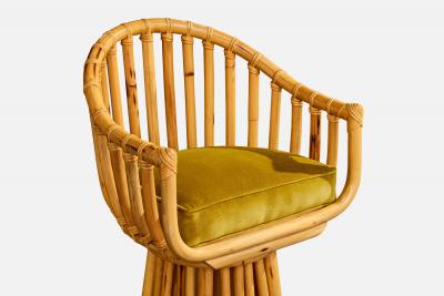 American Designer Counter Stools with Bamboo Rattan and Velvet USA 1970s