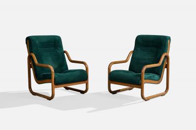 Argentine Designer Lounge Chairs with Oak and Velvet Argentina 1970s