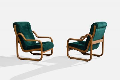 Argentine Designer Lounge Chairs with Oak and Velvet Argentina 1970s