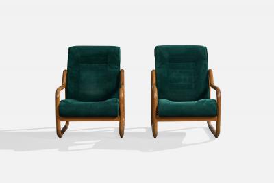 Argentine Designer Lounge Chairs with Oak and Velvet Argentina 1970s