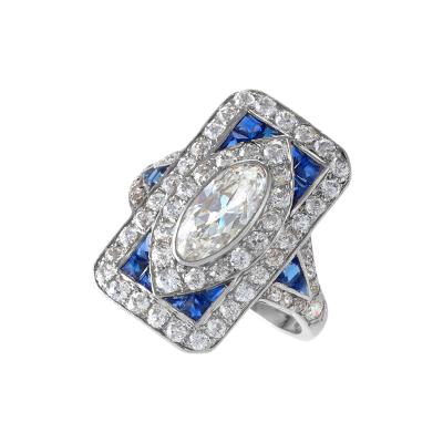 Art Deco Diamond Sapphire and Platinum Plaque Ring