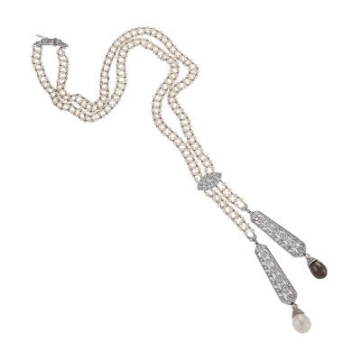 Art Deco Diamond and Natural Pearl Lavaliere