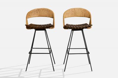 Arthur Umanoff Bar Stools with Wood Metal and Cord USA 1950s