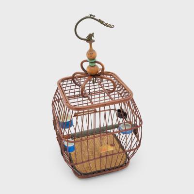Barrel Form Birdcage with Blue Waterpots