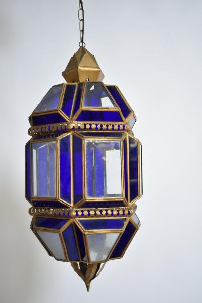 Brass and blue glass lantern ceiling lamp 1970s 