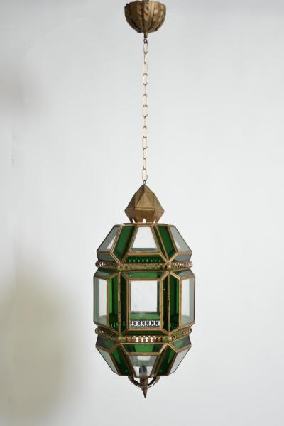 Brass and green glass lantern ceiling lamp 1970s 