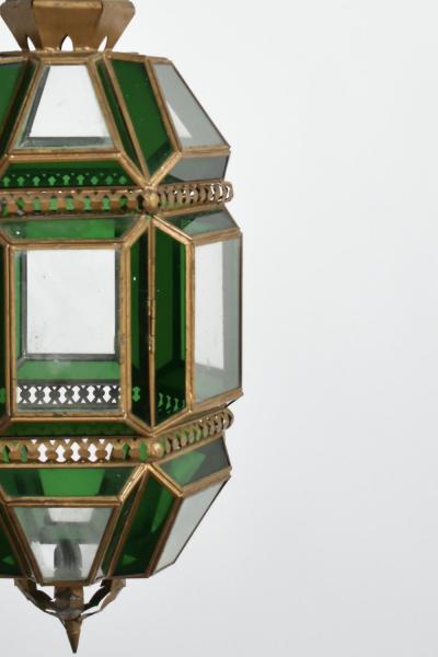 Brass and green glass lantern ceiling lamp 1970s 