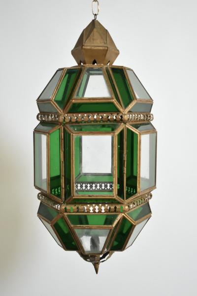 Brass and green glass lantern ceiling lamp 1970s 