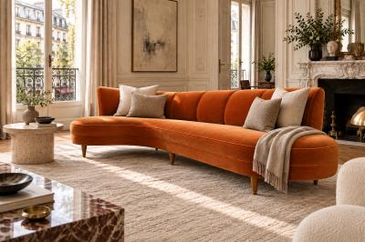 Brazilian Modern Curved Sofa in Burnt Sienna Mohair Velvet Brazil 1950s