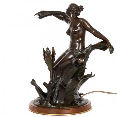 Bronze Art Nouveau Lamp Maiden Surrounded by Flowers