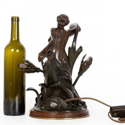 Bronze Art Nouveau Lamp Maiden Surrounded by Flowers
